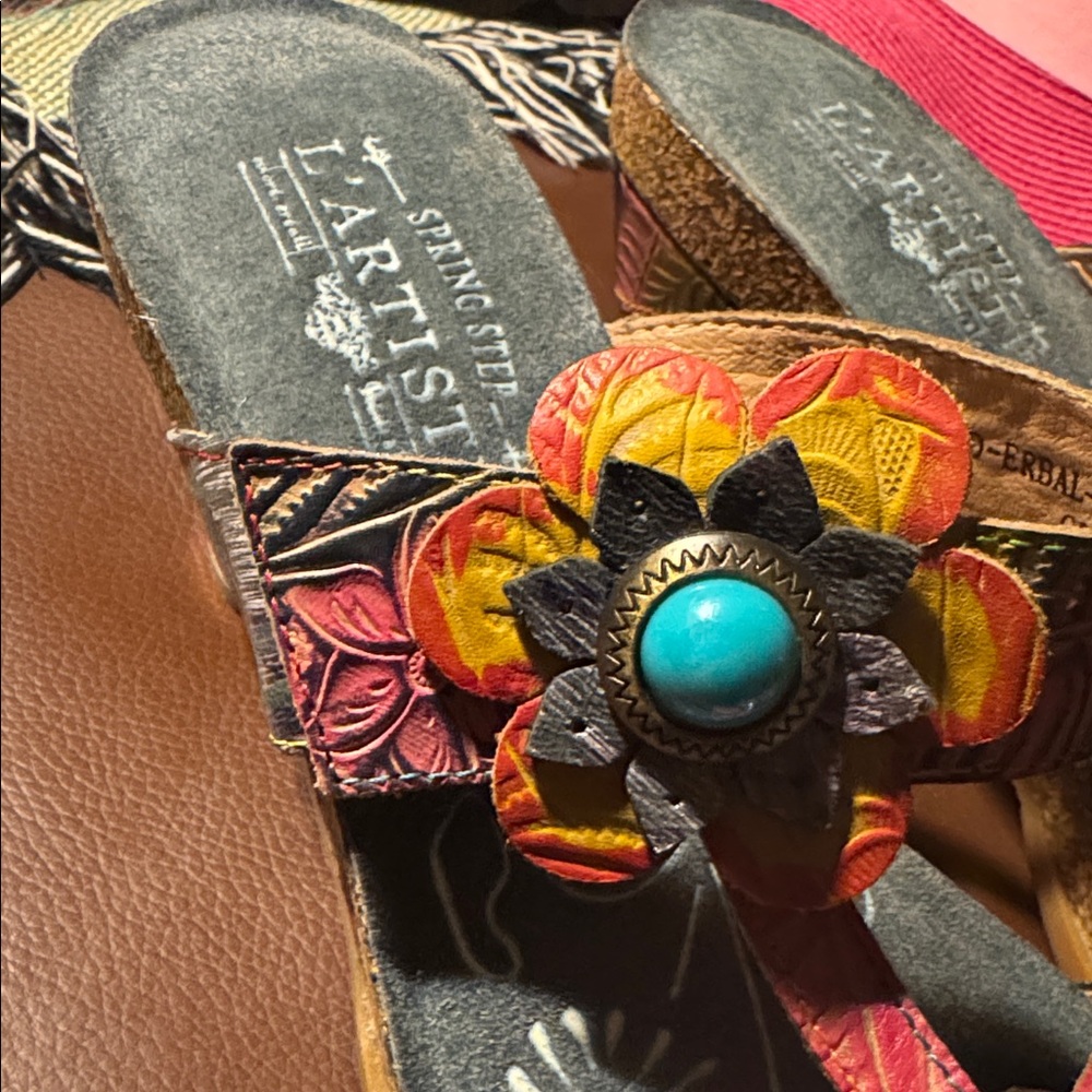 NWOB Spring Step L'Artiste Floral Embellished Sandals Leather & Cork 42(10.5-11) - Picture 9 of 11